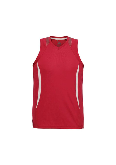 A red men's singlet featuring a fitted design and contrasting side panels, with branding on the chest. A red men's singlet featuring a fitted design and contrasting side panels, with branding on the chest.