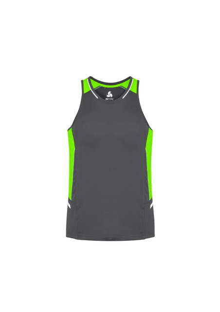 A men's singlet in grey with bright green accents and a logo on the chest. Suitable for sportswear.