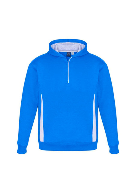 A blue hoodie with a half-zip front, featuring white side panels and a logo.