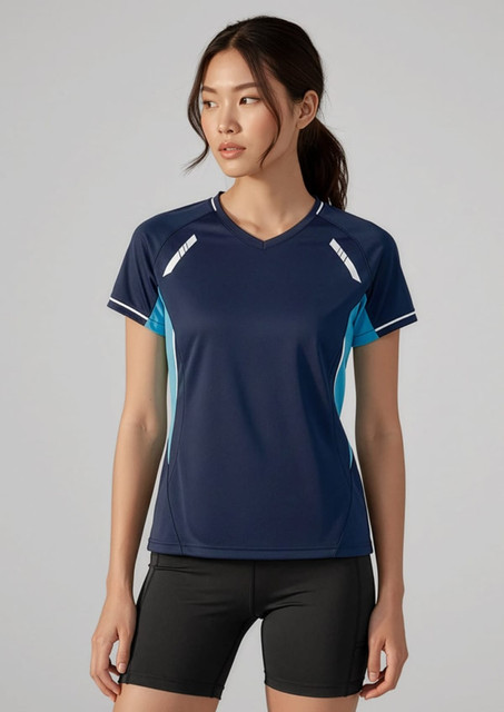 A navy blue short sleeve tee with turquoise accents and a logo, featuring a sporty design and a comfortable fit.