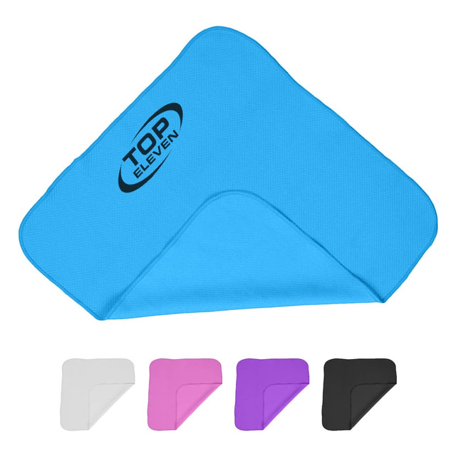 A blue cooling face cloth with a logo, alongside white, pink, purple, and black versions.