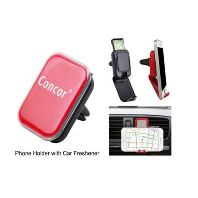 A red and black mobile holder with an air freshener, designed to secure a phone in a car. Includes a logo.