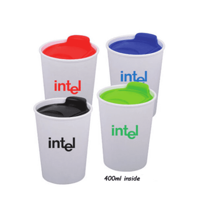 A set of four cups in white, with various coloured lids: red, green, black, and blue, each featuring a logo. A set of four cups in white, with various coloured lids: red, green, black, and blue, each featuring a logo.