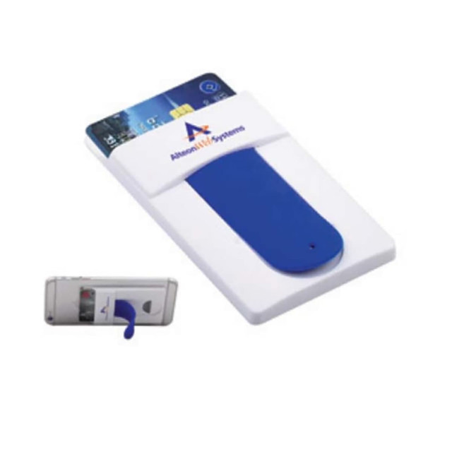 A mobile stand card holder in white and blue, featuring a slot for a smartphone and a logo.