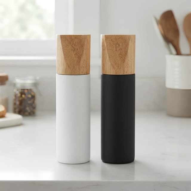 A set of two grinders, one white and one black, with wooden lids, displayed on a kitchen countertop.