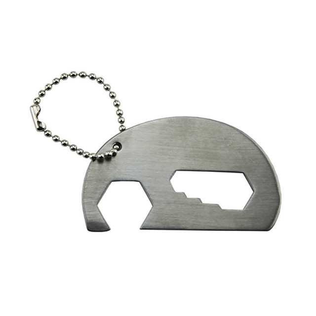 A drink bottle opener key ring shaped like an elephant, made of silver stainless steel with a chain attachment.
