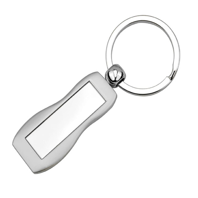 A silver hourglass-shaped key ring with a circular attachment and a blank rectangular area for engraving.