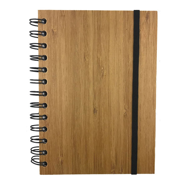 A bamboo notebook with a spiral binding and a black elastic band, featuring a natural wood finish.
