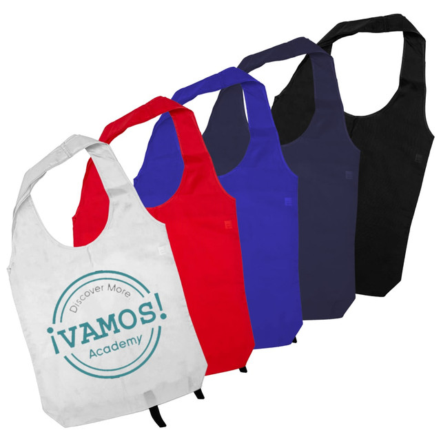 A set of tote bags in white, red, blue, navy, and black, featuring a logo on the white bag.