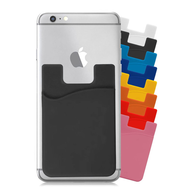 A mobile phone wallet in black attached to a smartphone, with several coloured wallets in the background. A mobile phone wallet in black attached to a smartphone, with several coloured wallets in the background.