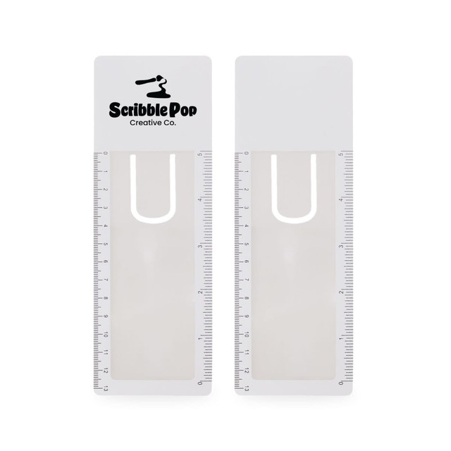 A translucent white bookmark magnifier ruler with a logo, featuring measurement markings on one side.