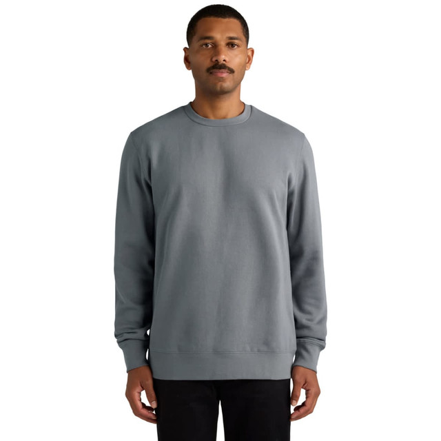 A grey hoodie featuring a round neck and long sleeves, worn by a man with a moustache. The product has a logo.