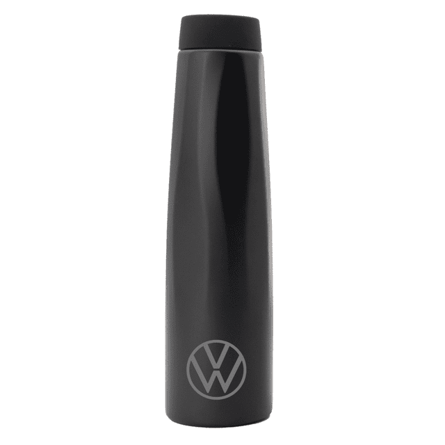 A drink bottle in sleek black, featuring a round logo at the base and a secure screw top lid. A drink bottle in sleek black, featuring a round logo at the base and a secure screw top lid.