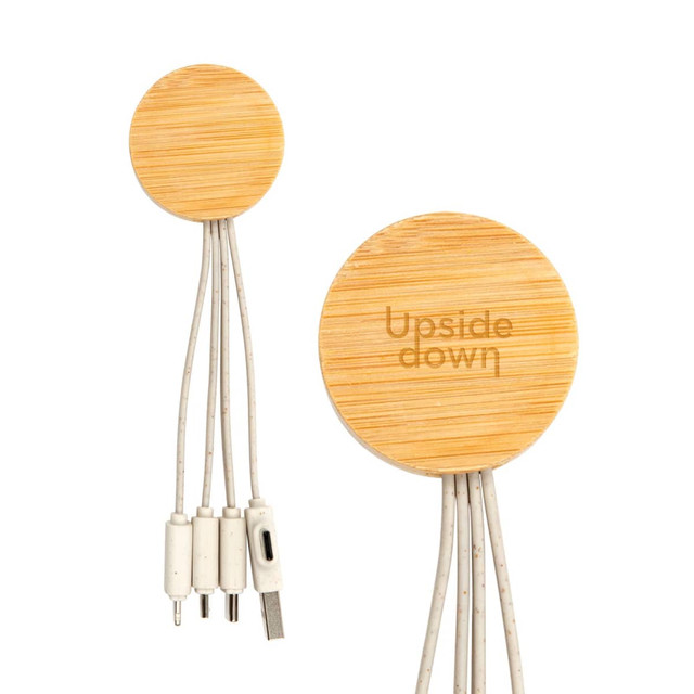 A round bamboo charging cable featuring multiple connectors and a logo on a wooden surface.