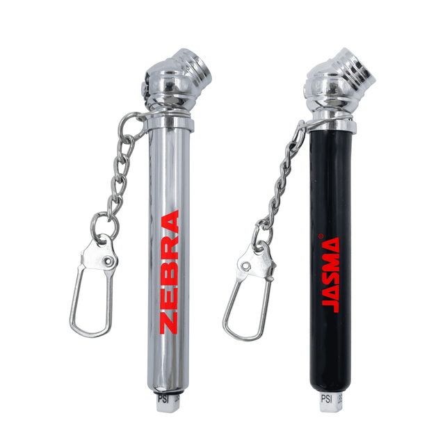 A keychain tyre gauge in silver and black colours, featuring a chain and clip attachment. It includes branding. A keychain tyre gauge in silver and black colours, featuring a chain and clip attachment. It includes branding.