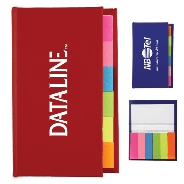 A red adhesive note marker strip book with various colourful sticky notes, alongside two smaller note flag organisers.