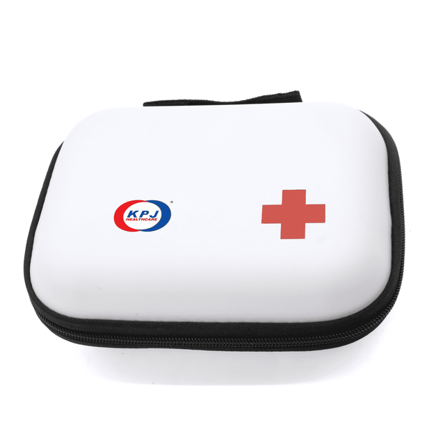 A compact white first aid kit with a red cross and a logo, featuring a zippered closure.