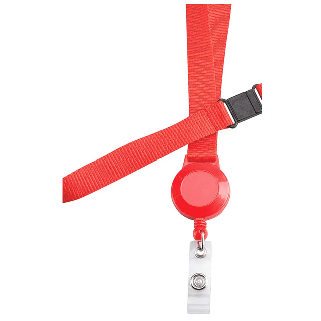 A red retractable badge holder with a strap and a clear attachment clip for securing badges or IDs. A red retractable badge holder with a strap and a clear attachment clip for securing badges or IDs.