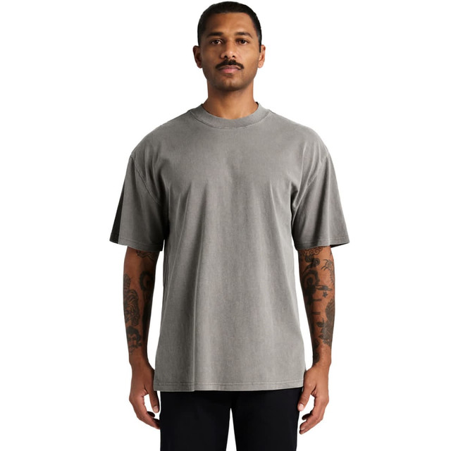 A grey heavy faded tee with short sleeves, featuring a relaxed fit and a subtle logo.