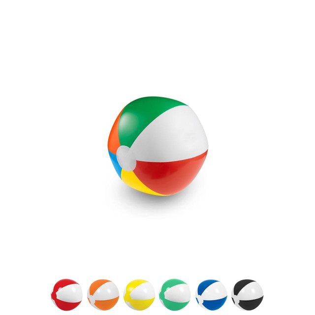 A multicoloured beach ball featuring red, green, yellow, and blue sections, with a white surface and a logo.
