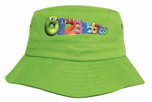 A bright green youth bucket hat featuring a colourful numeral design and an attached logo.