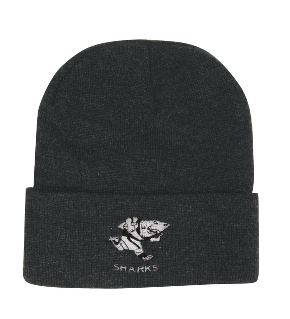 A dark grey beanie featuring a logo and a folded cuff. A dark grey beanie featuring a logo and a folded cuff.