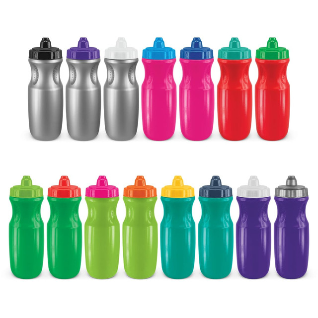 A drink bottle collection featuring silver, red, pink, green, purple, and other bright colours, all with caps and logos.