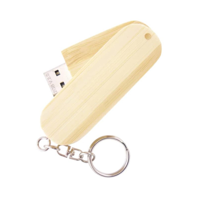 A wooden swivel drive in a light beige hue, featuring a keyring attachment and a small logo. A wooden swivel drive in a light beige hue, featuring a keyring attachment and a small logo.