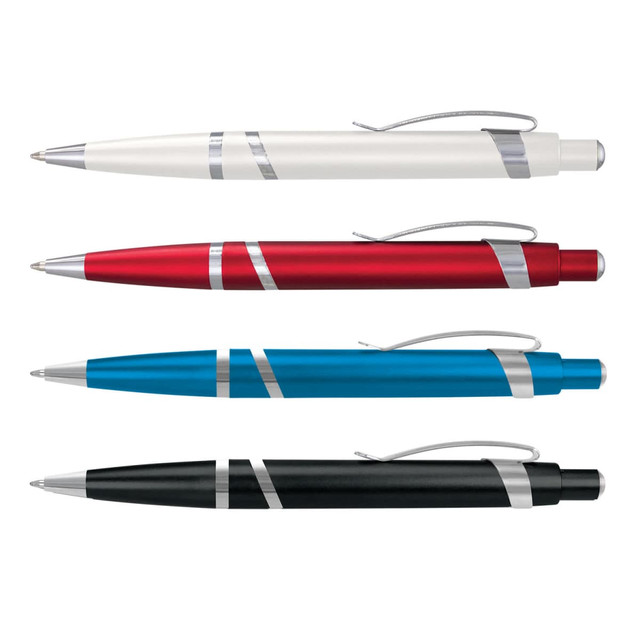 A collection of four plastic pens in white, red, blue, and black, each featuring a silver detailing and a logo.