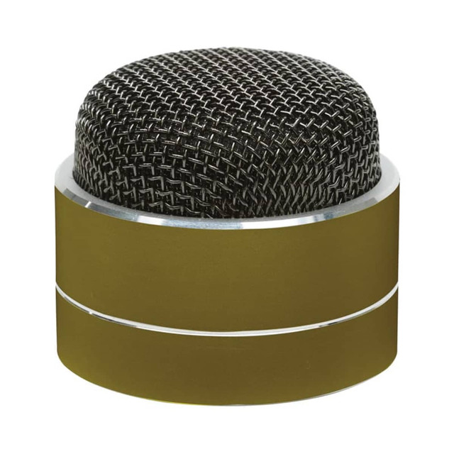 A compact Bluetooth speaker in gold with a textured black grille on top and a sleek design. A compact Bluetooth speaker in gold with a textured black grille on top and a sleek design.