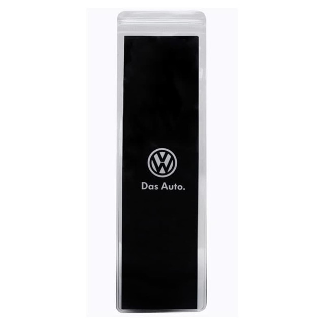 A black charging cable with a rectangular design, packaged in a clear plastic sleeve. Features a logo.