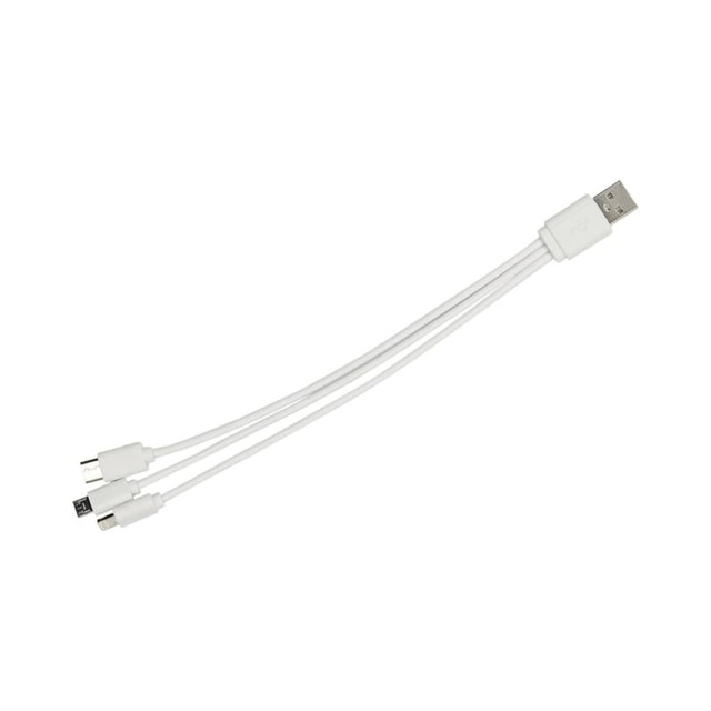 A white multi charge cable with a USB connector and three compatible charging ends. It has a branding logo. A white multi charge cable with a USB connector and three compatible charging ends. It has a branding logo.