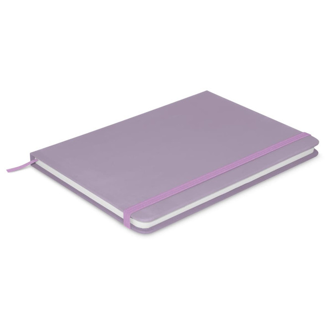 A purple notebook with a smooth cover and a contrasting elastic closure, featuring blank pages inside.