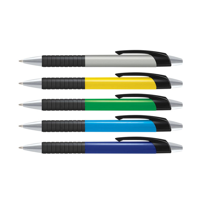 A set of five plastic pens with coloured barrels: silver, yellow, green, blue, and black, featuring black grips and clips.