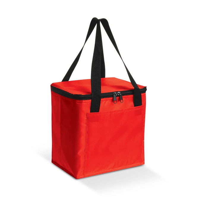 A red insulated cooler bag with black straps and a zippered top, featuring a side pocket and branding.