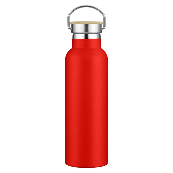 A drink bottle in bright red with a silver metal top and a wooden handle. It features a logo on the body.