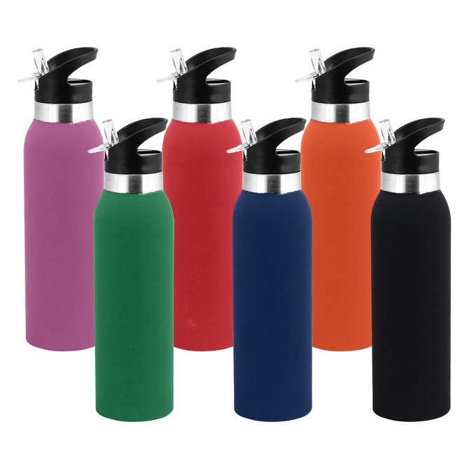 A drink bottle set featuring six bottles in purple, green, red, orange, blue, and black, each with a silver lid and a logo.