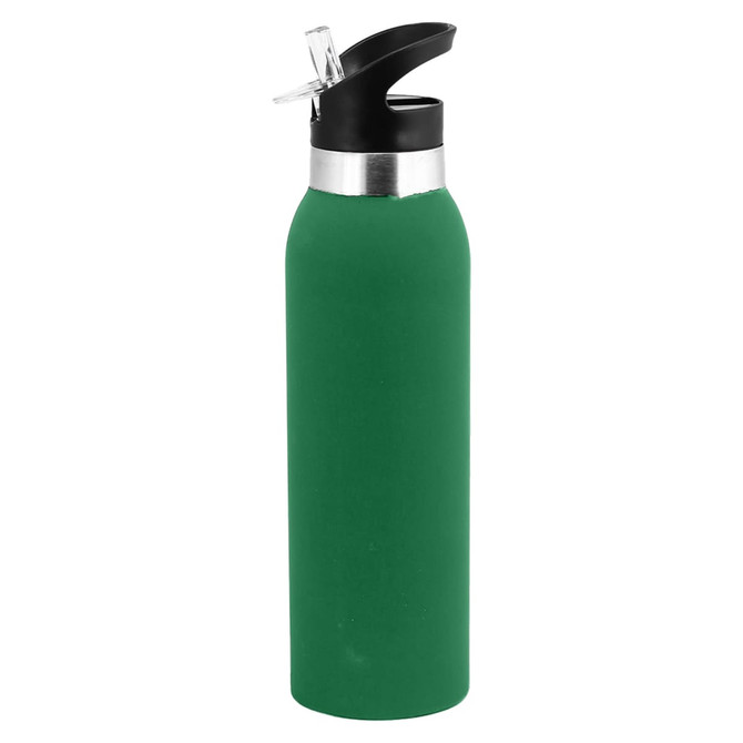 A green drink bottle with a silver band and a black flip-top lid, featuring a logo.