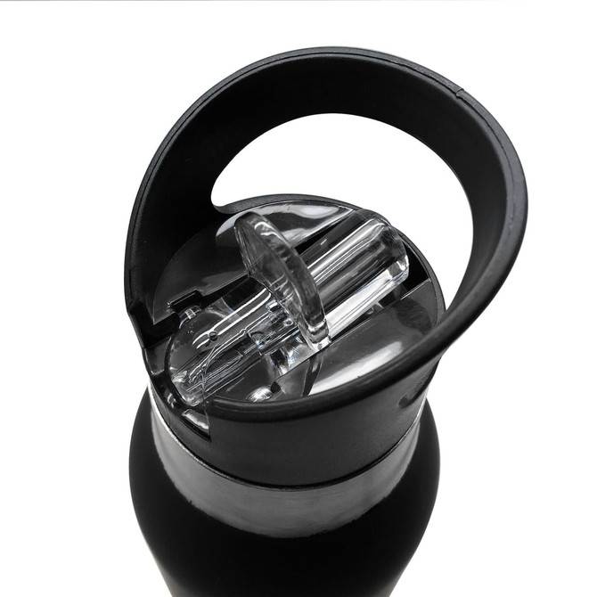 A drink bottle with a black body and a clear, plastic cap featuring a spout. It has a handle for easy carrying.