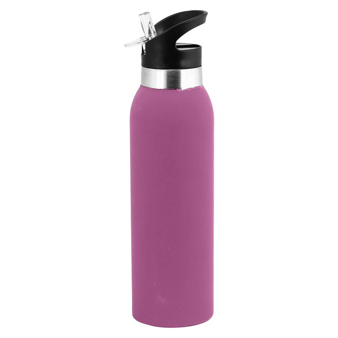 A drink bottle in a sleek purple design with a black top and spout, featuring a logo.