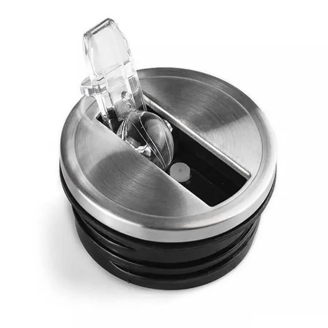 A drink bottle lid with a sleek stainless steel design and a clear toggle opening mechanism.