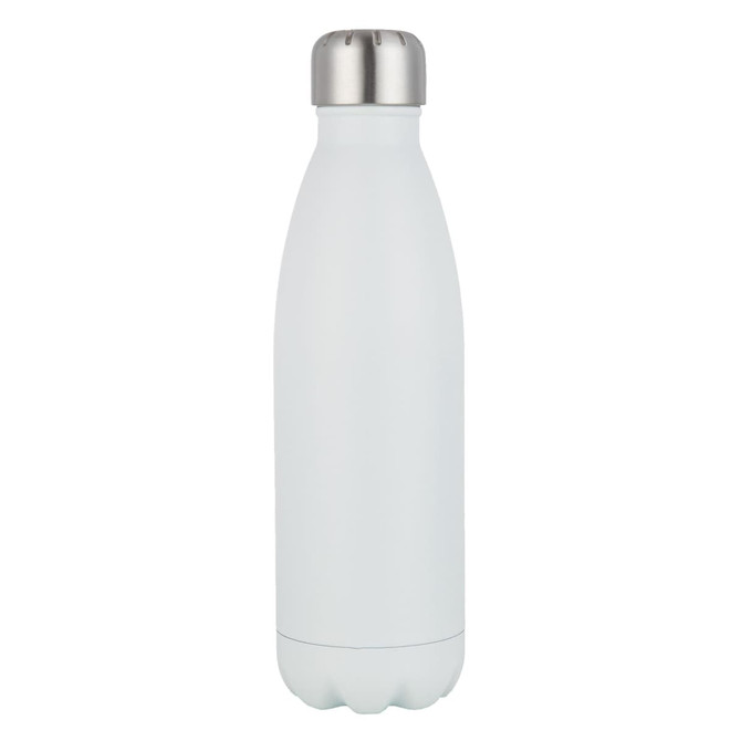 A drink bottle in matte white with a stainless steel cap and a logo. Ideal for keeping beverages cold or hot.