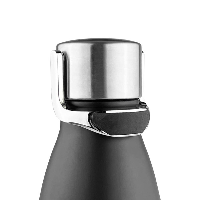 A drink bottle with a matte black finish and a metallic silver cap featuring a secure closure mechanism.