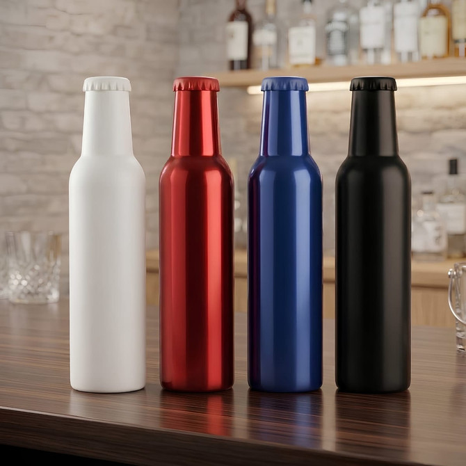 A drink bottle collection featuring white, red, blue, and black bottles, each with a bottle cap and a logo.
