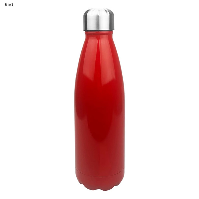 A drink bottle in shiny red stainless steel with a silver screw-on lid and a smooth finish.