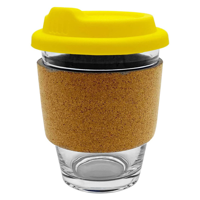 A glass coffee cup with a cork sleeve and a yellow lid, designed for reusable drinkware.
