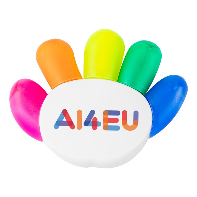 A highlighter product featuring five vibrant colours: pink, orange, yellow, green, and blue, with a logo on the design.