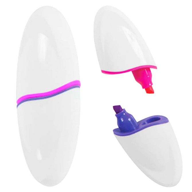 An oval highlighter featuring white casing with pink, orange, and purple highlighting tips. The product also has a logo.