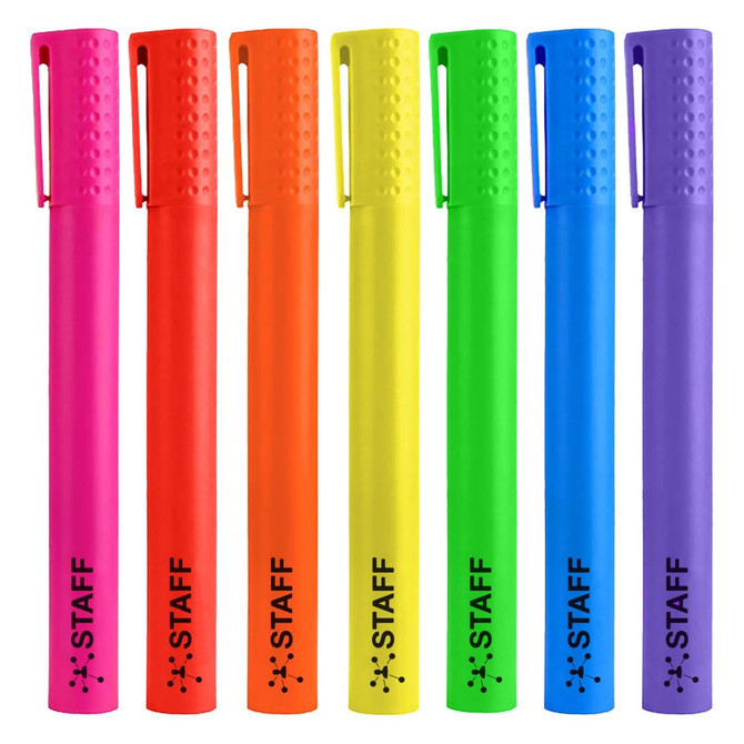 A set of jumbo highlighter pens in vibrant colours: pink, orange, yellow, green, blue, and purple, featuring branding.
