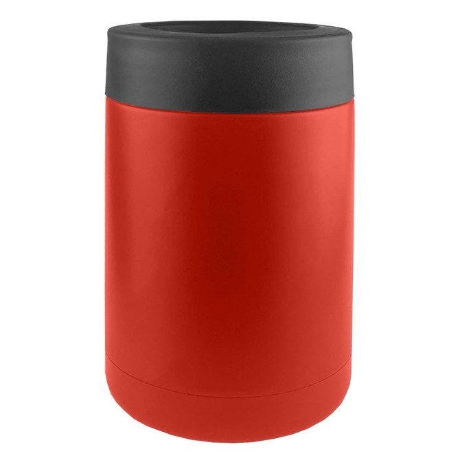 A red stainless steel stubby holder with a black top and a subtle logo.